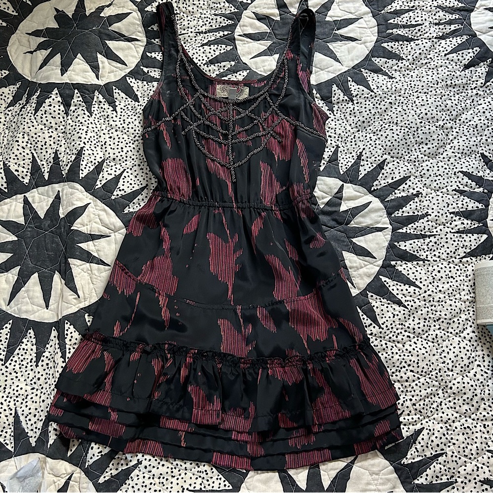 Ecote Burgundy and Black Beaded Babydoll Tiered Ruffle Dress Women’s Size XS
